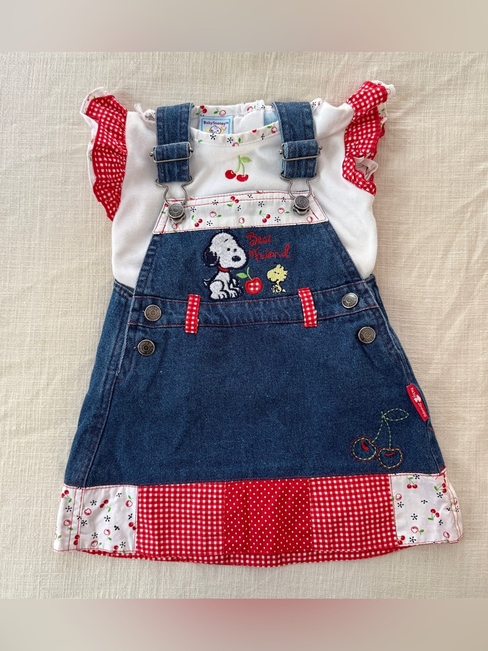 Vintage Y2K Baby Snoopy Cherry Denim Patchwork Embroidered Overall Dress Set 12M
